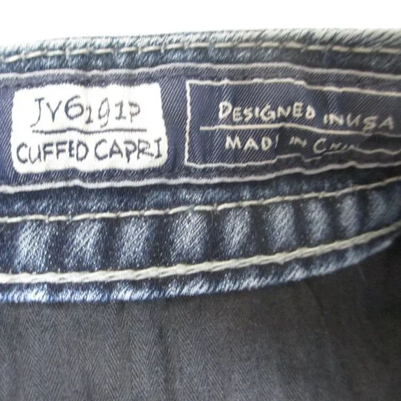 MISS ME Women's Denim Crystals Rhinestone Low Rise Cuffed Capri Blue Jeans 32 - Picture 8 of 9